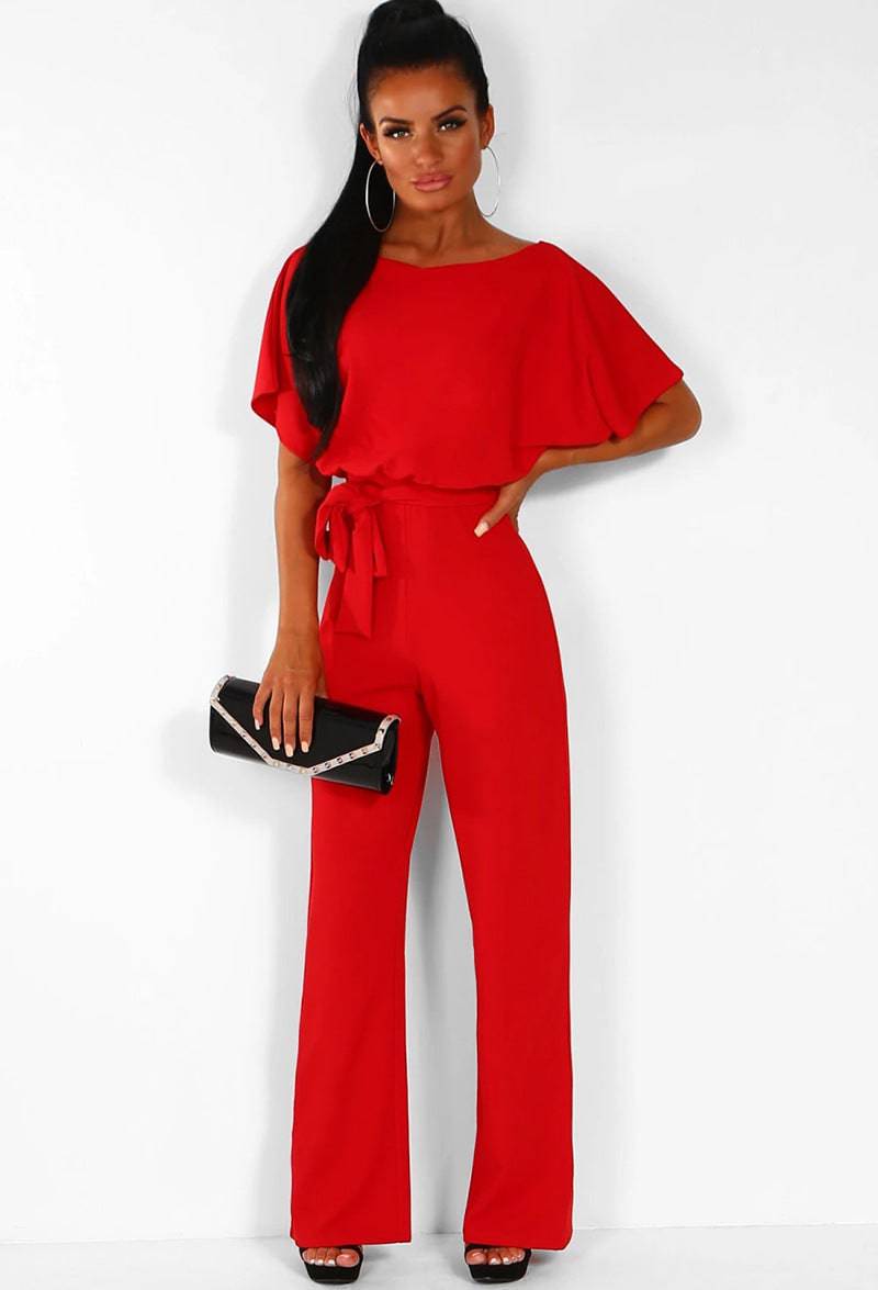 Women's Fashion Belted Short-Sleeved Loose Fit Women's Jumpsuit - Clothing Personality