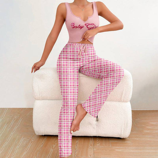 Spring Summer Women's Casual Pajamas Home Wear Vest Color Matching Plaid Trousers Letter Print Top Ladies 2 Pcs Home Clothes Sleepwear - Clothing Personality