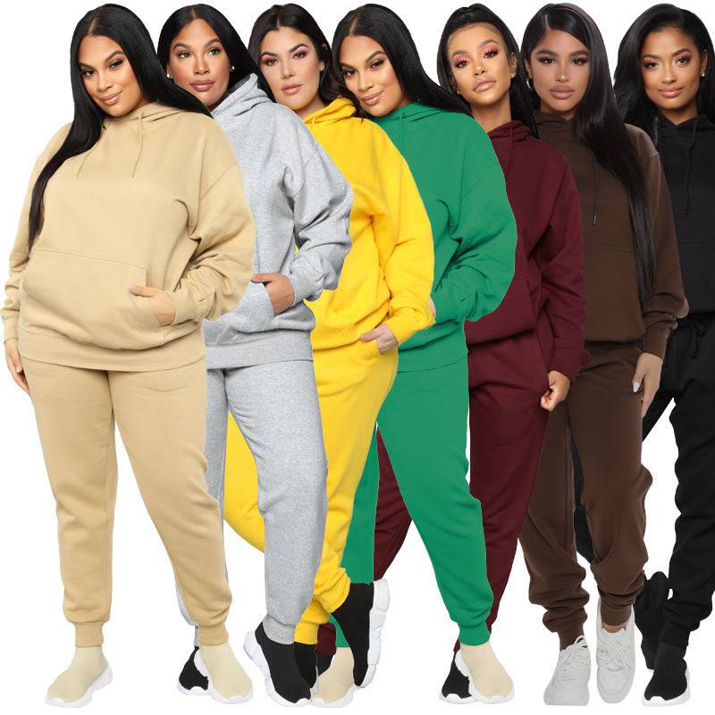 Loose And Casual Solid Color Hooded Long-sleeved Sweater Suit Plus Size - Clothing Personality
