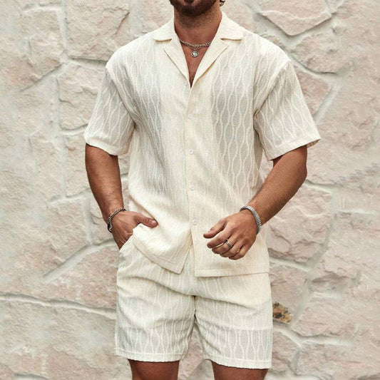 Men Tracksuits Summer Fashion Solid Loose Casual Two Pieces Lapel Button Shirt Shorts Beach Holiday All-match Outfits Male - Clothing Personality