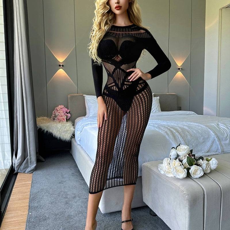 Sexy Lingerie Nightdress Super Plus Size Long Sleeve Transparent Cutout - Clothing Personality