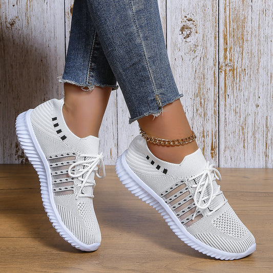 Casual Lace-up Mesh Sneakers Breathable Flying Woven Round Toe Walking Running Sports Shoes - Clothing Personality