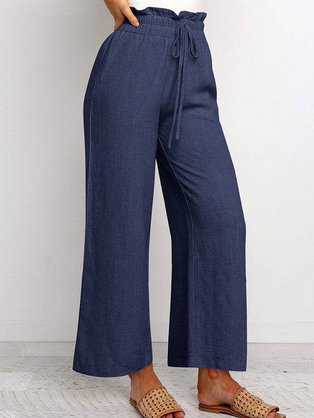 Elastic Waistband Lace-up Wide Leg Pants Solid Color Cropped Pants - Clothing Personality