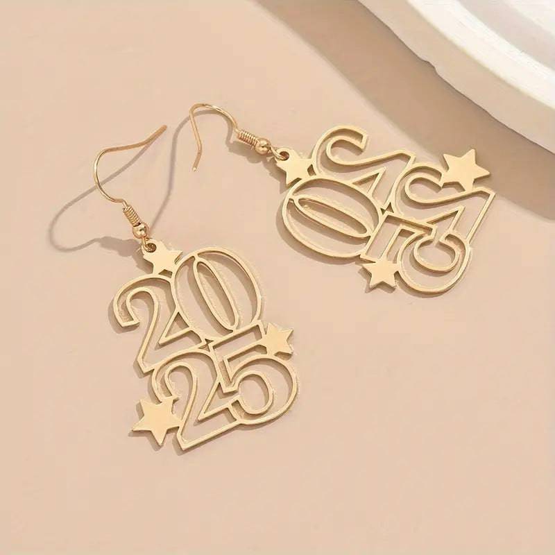 New Women's Golden New Year 2025 Date Number 2025 Dangle Earrings For Women Fashion Jewelry New Year Earring For Party - Clothing Personality