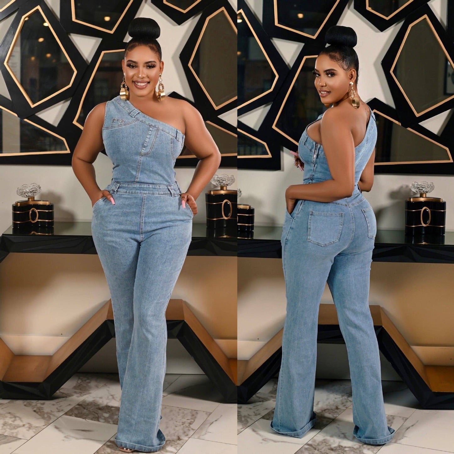 Slant Shoulder Tight Waist Slim Elastic Wash Denim Jumpsuit - Clothing Personality