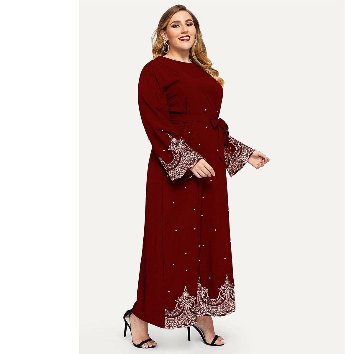 Embroidered Bead Long Sleeve Plus Size Women's Dress - Clothing Personality
