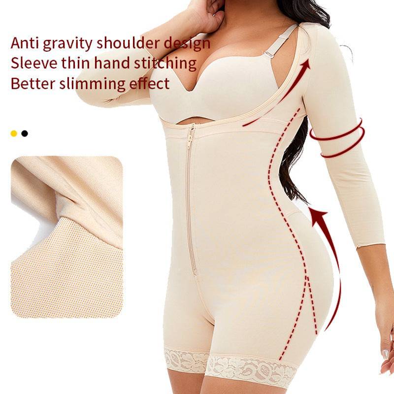 Plus-size Breasted Shapebody Onesie High Waist Long Sleeve Shorts - Clothing Personality