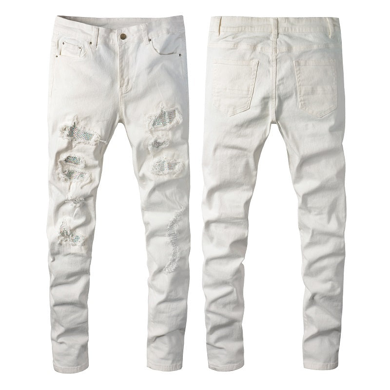 Hot Drill Patch Hole White Slim-fit Pants Male - Clothing Personality