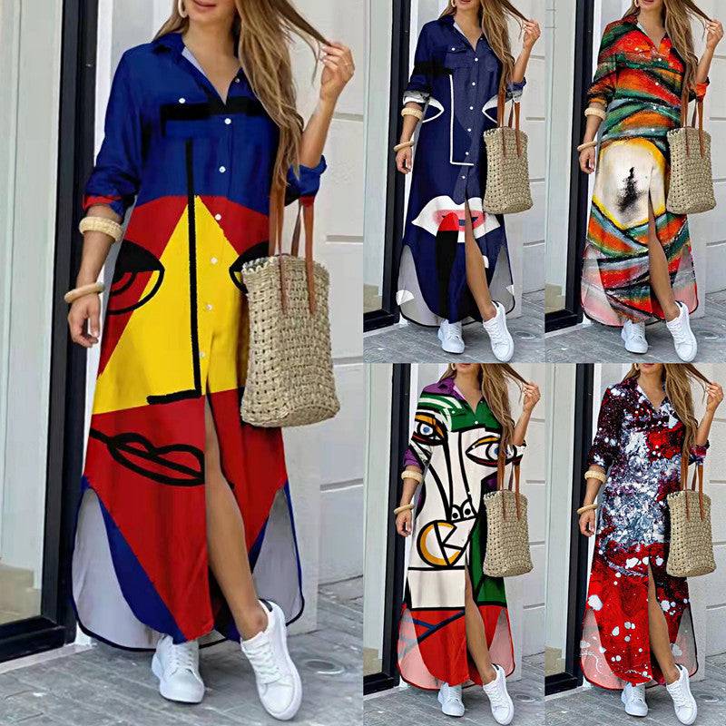 Womens Fashion Long Sleeve Printed Long Dress - Clothing Personality