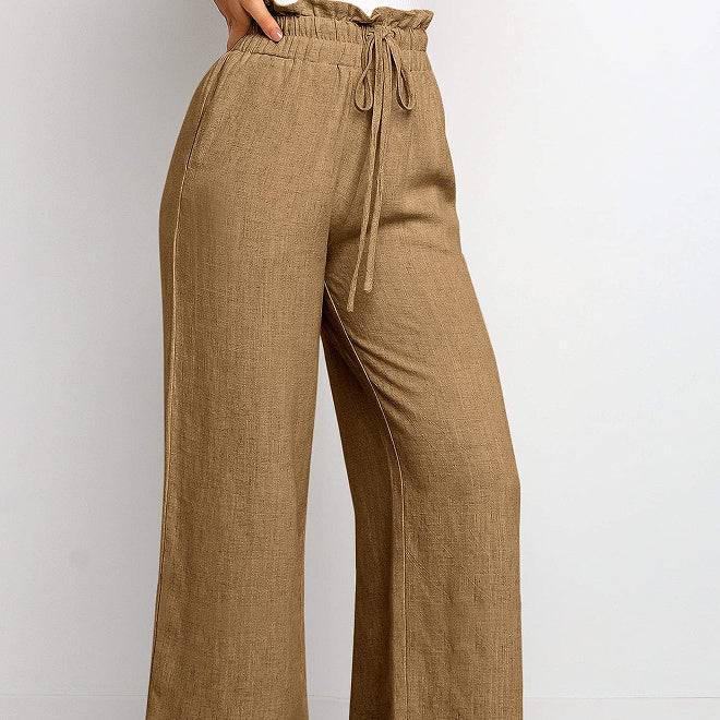 Elastic Waistband Lace-up Wide Leg Pants Solid Color Cropped Pants - Clothing Personality