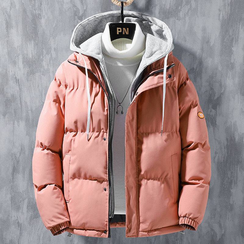 Fashion Hooded Jacket Men Winter Windproof Thickened Fake Two-piece Coat Solid Leisure Sports Cotton Jacket - Clothing Personality
