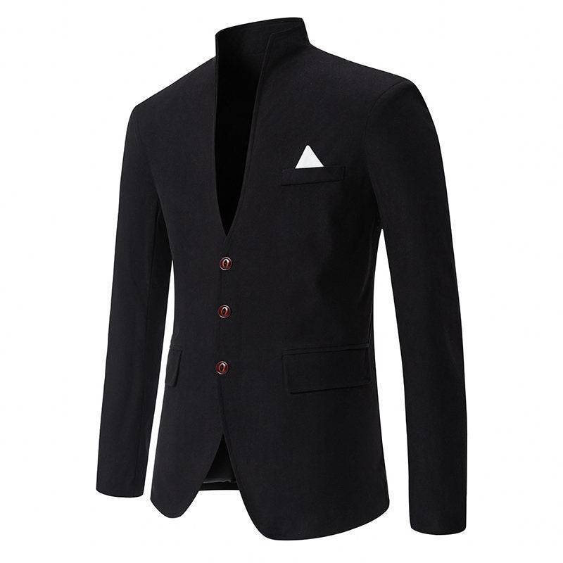 Men's Blazer Solid Color Stitching Stand-Collar Casual Slim Fit Suit Black Jacket