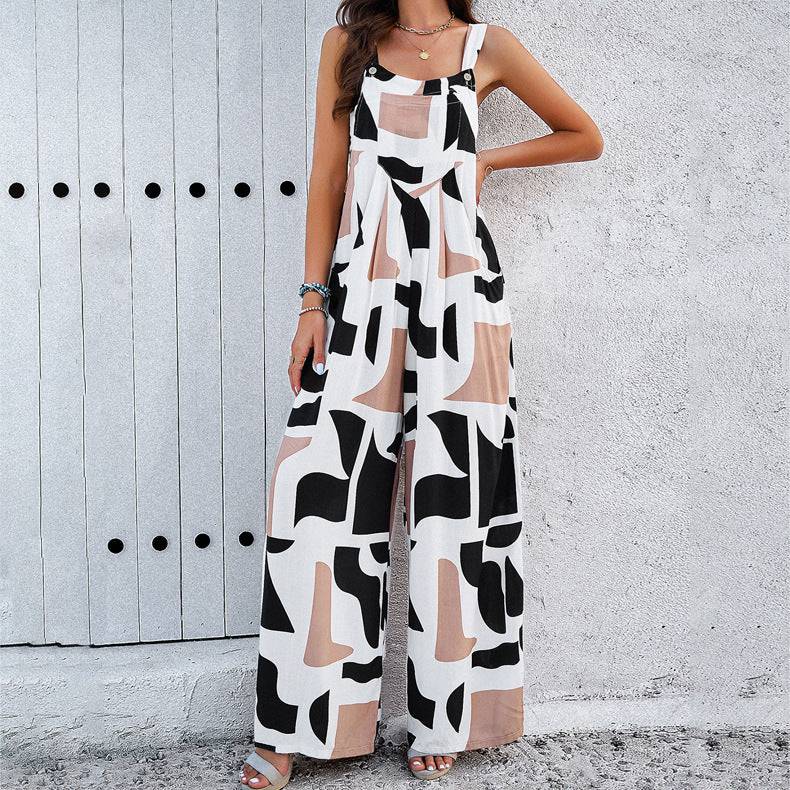 Fashion Print Square Neck Jumpsuit With Pockets Spring Summer Casual Loose Overalls Womens Clothing - Clothing Personality