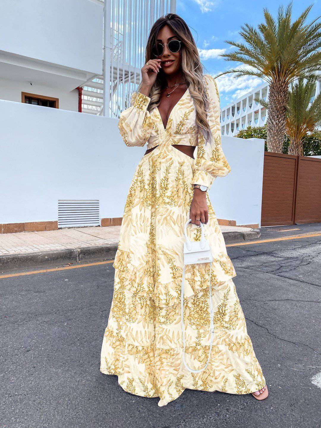 Elegant Women's V-neck Long-sleeved Plant Dress - Clothing Personality