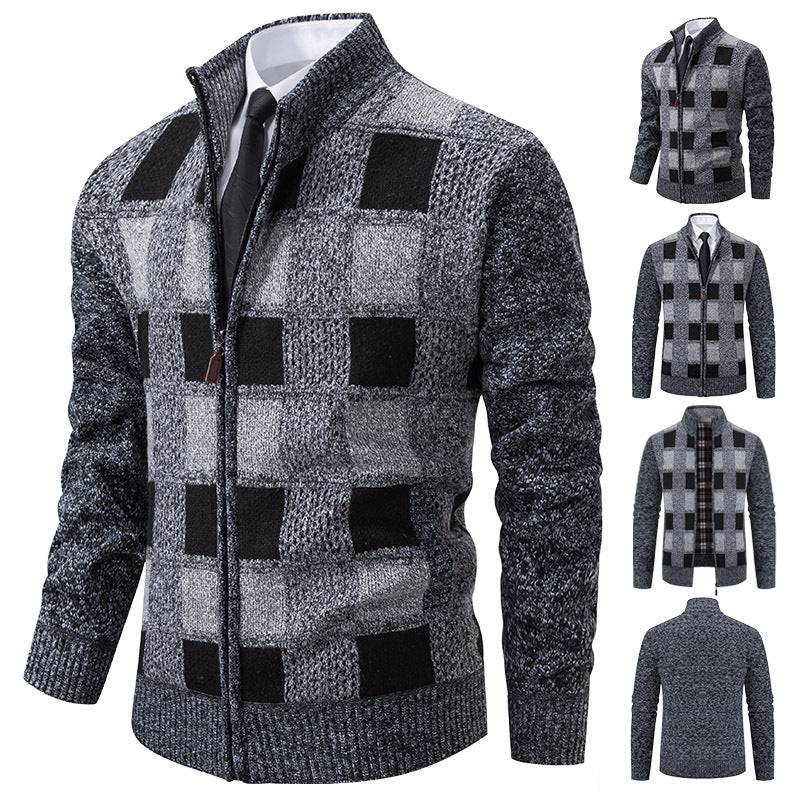 Men's New Winter Zip Up Sweater Knit Cardigan Block Print Male - Clothing Personality