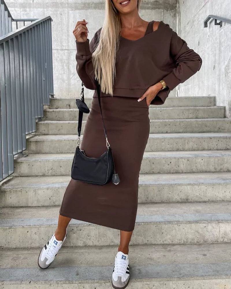 Vest Dress V-neck Off Shoulder Hooded Hoodie Short Top Suit - Clothing Personality