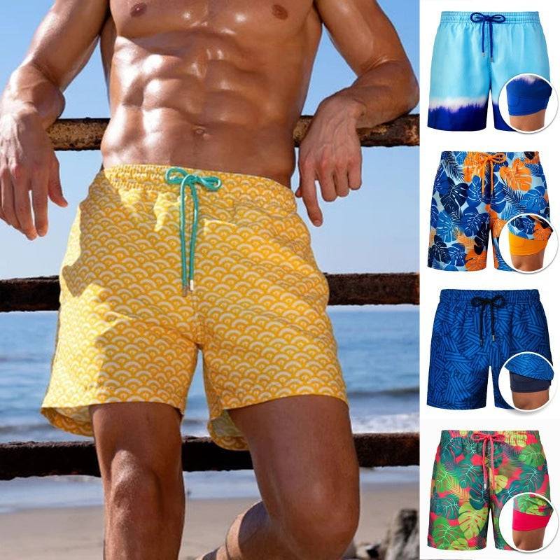 Men's Printed Beach Shorts Sports Double Layer Shorts Summer - Clothing Personality