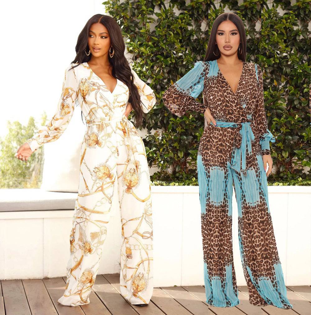 Fashion Digital Printing Long V-neck Chiffon Jumpsuit - Clothing Personality