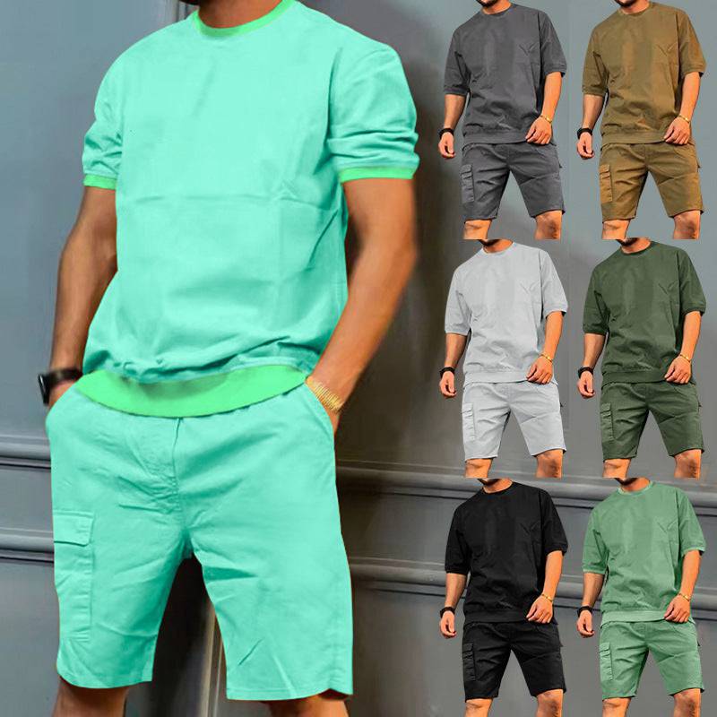 Men's Sports Suits Summer Round Neck Short-sleeved Top And Multi-pocket Shorts Casual Trendy 2pcs Set Clothing - Clothing Personality