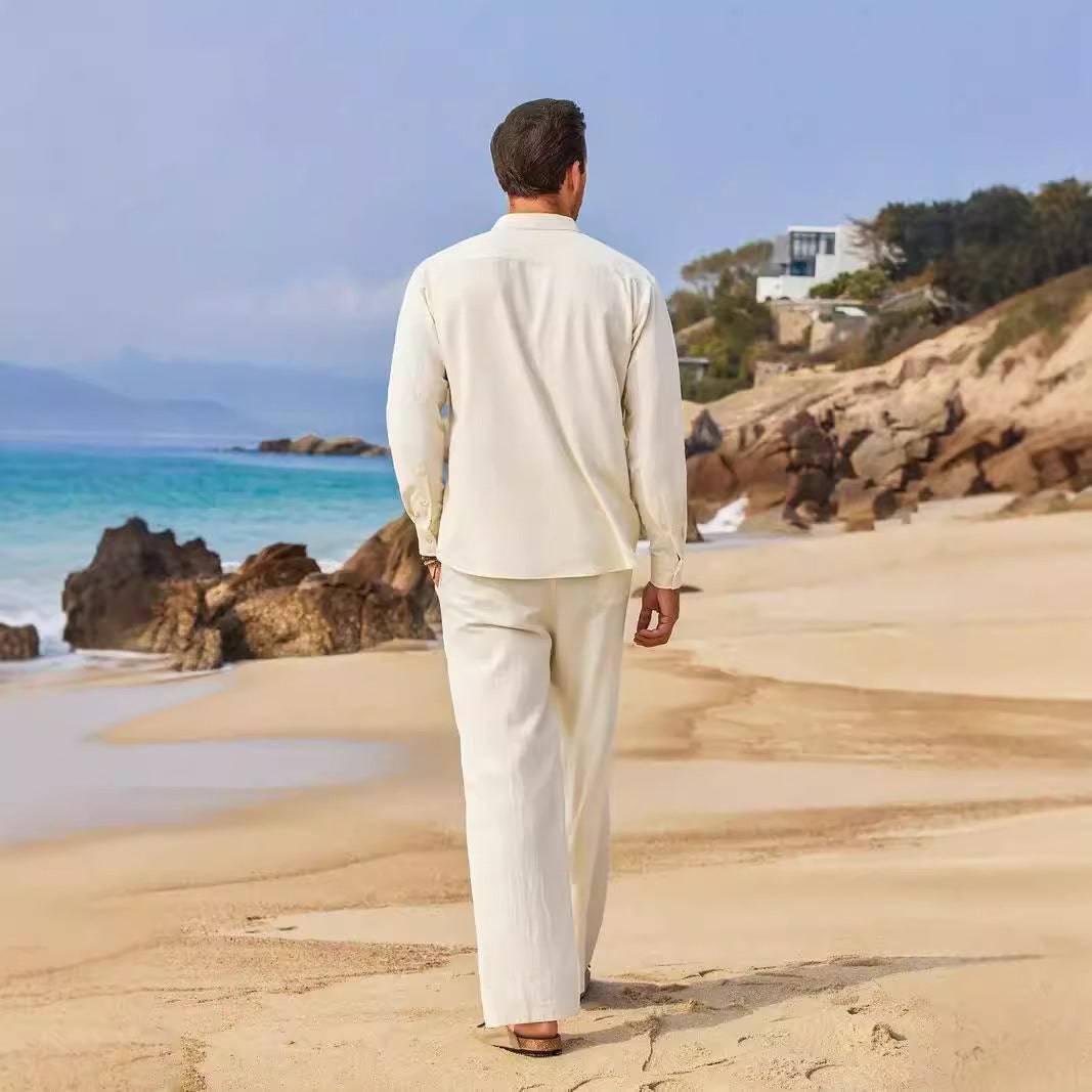 Men's Solid Color Casual Cotton Linen Pants Set Short Sleeve Trousers Off-White Suit Clothing Personality