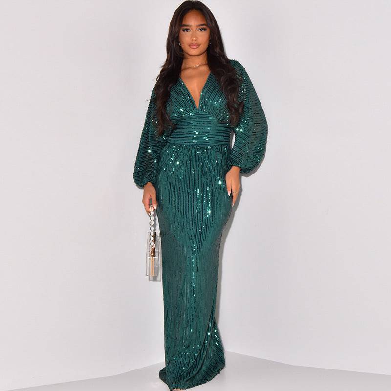 Exposed Sleeve Sexy Sequined Long Dress - Clothing Personality