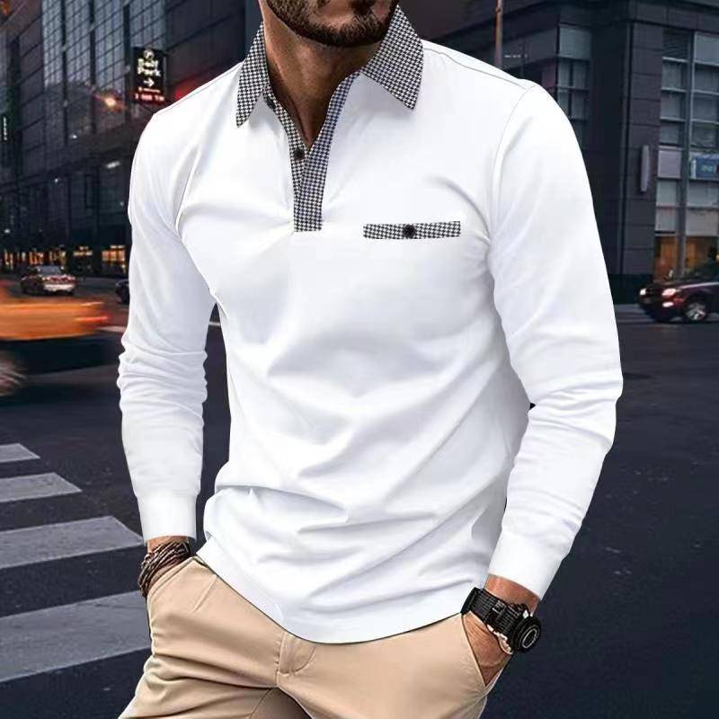 Leisure Plaid Lapel Polo Shirt Fashion Solid Color Long Sleeve Tops Men's Clothing - Clothing Personality
