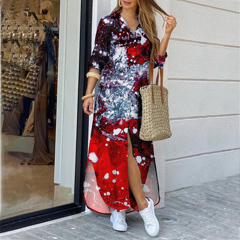 Womens Fashion Long Sleeve Printed Long Dress - Clothing Personality
