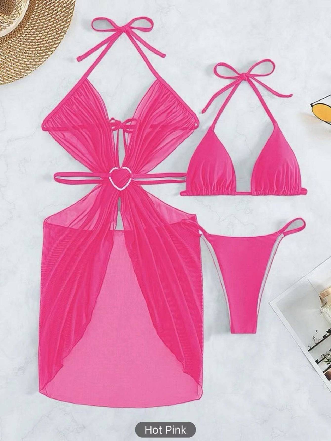 3pcs Halter Neck Bikini Beach Summer Solid Color Split Swimsuit Womens Clothing - Clothing Personality