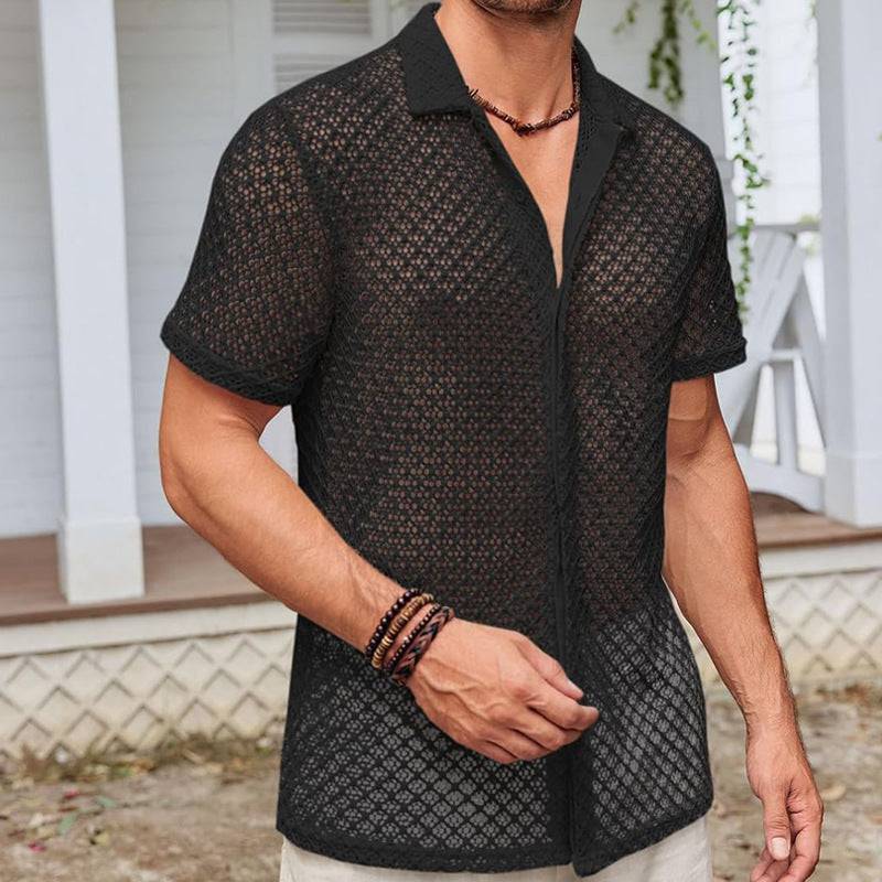 Men's Sheer Fashion Solid Color Polo Collar Shirt Short Sleeve Mesh Shirt Tops Men Clothing - Clothing Personality