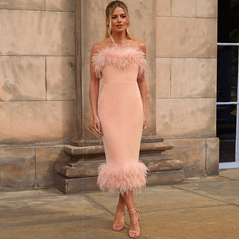 Women's Feminine Salmon Pink Rose Gold Sleeveless Off-Shoulder Feather Pencil Bodycon Maxi Dress - Clothing Personality