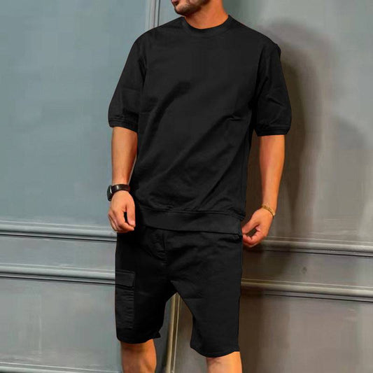 Men's Sports Suits Summer Round Neck Short-sleeved Top And Multi-pocket Shorts Casual Trendy 2pcs Set Clothing - Clothing Personality