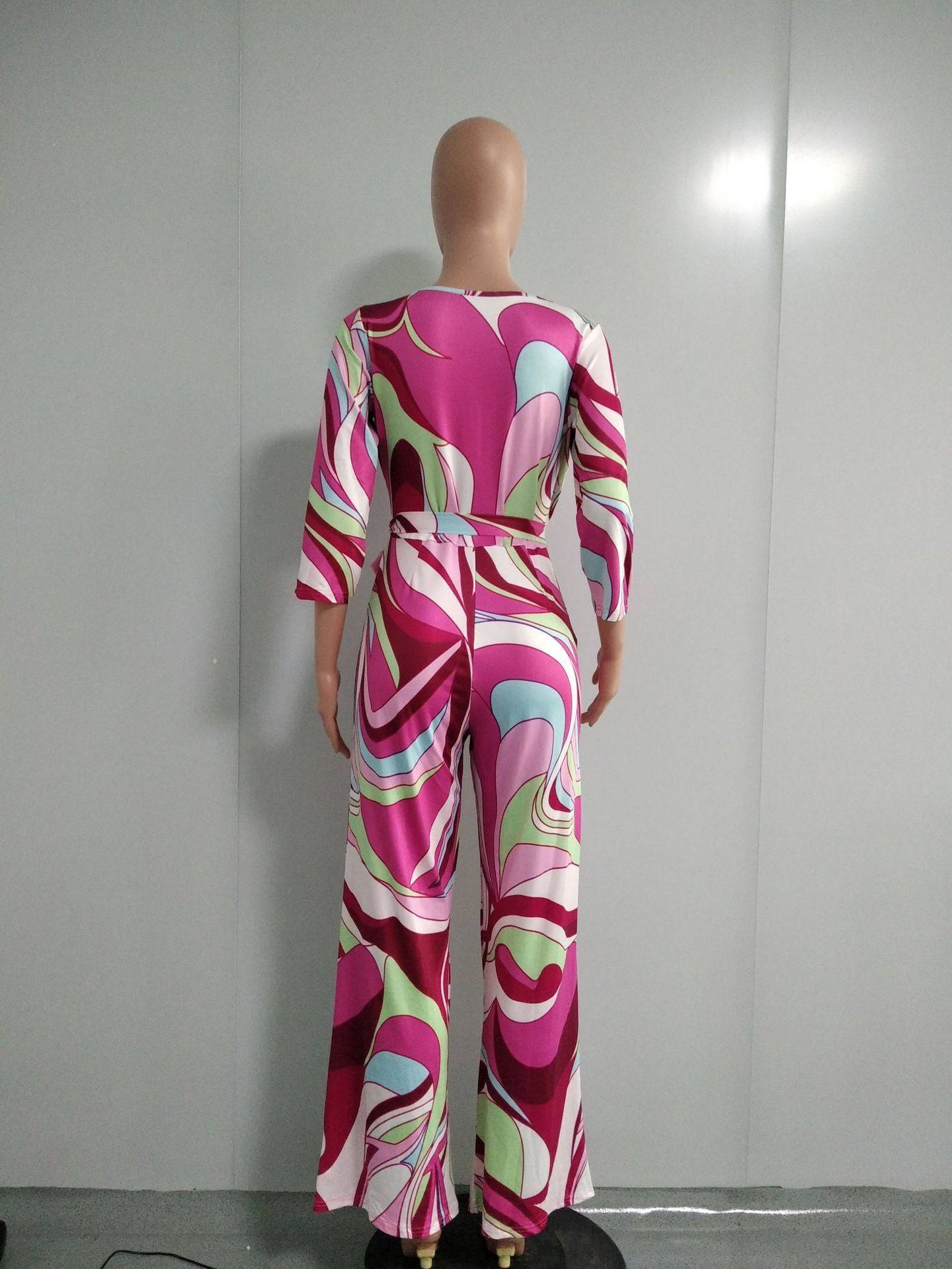 Women's V-Neck Long Sleeve Print Jumpsuit - Clothing Personality