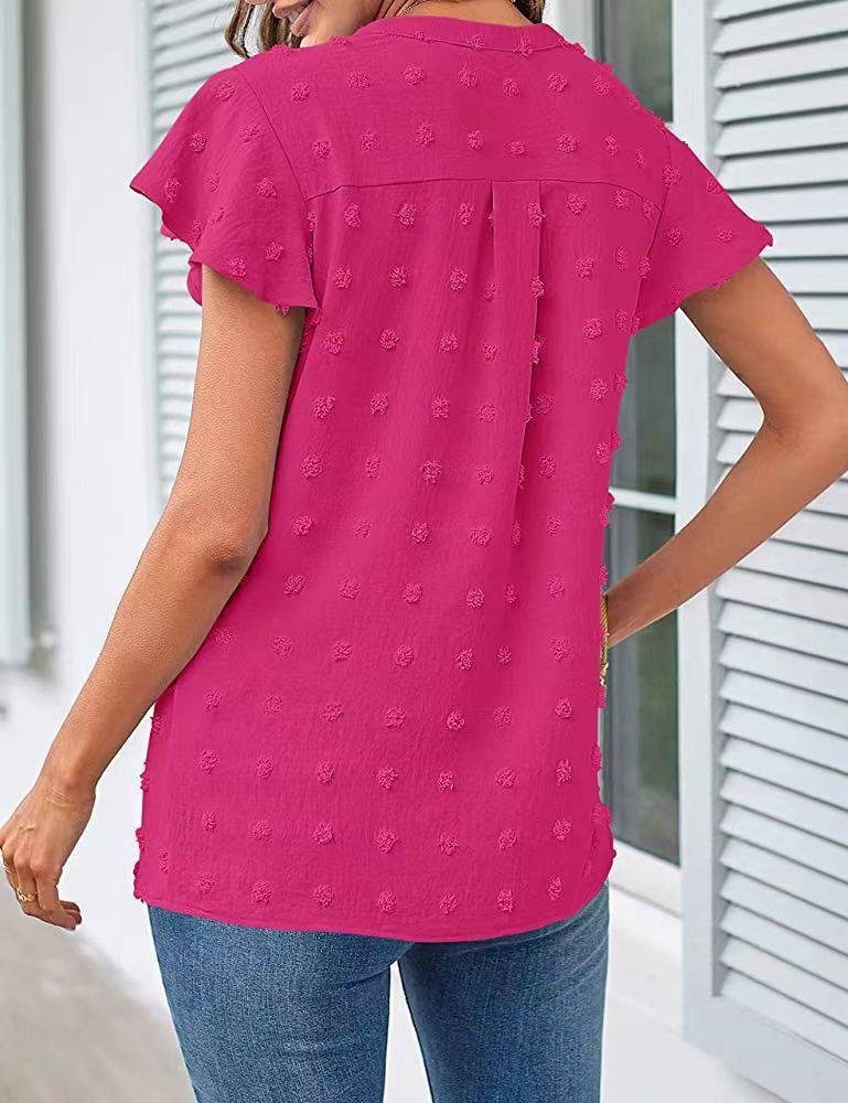 Women's Spring Summer V-Neck Ruffle Short Sleeve Blouse Dot Flowy Shirt Top - Clothing Personality