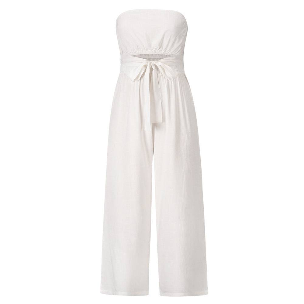 Women's New Tube Top Off-Shoulder Sleeveless Belted Cut Out Waist Loose Fit Pants Casual Fashion Jumpsuit - Clothing Personality