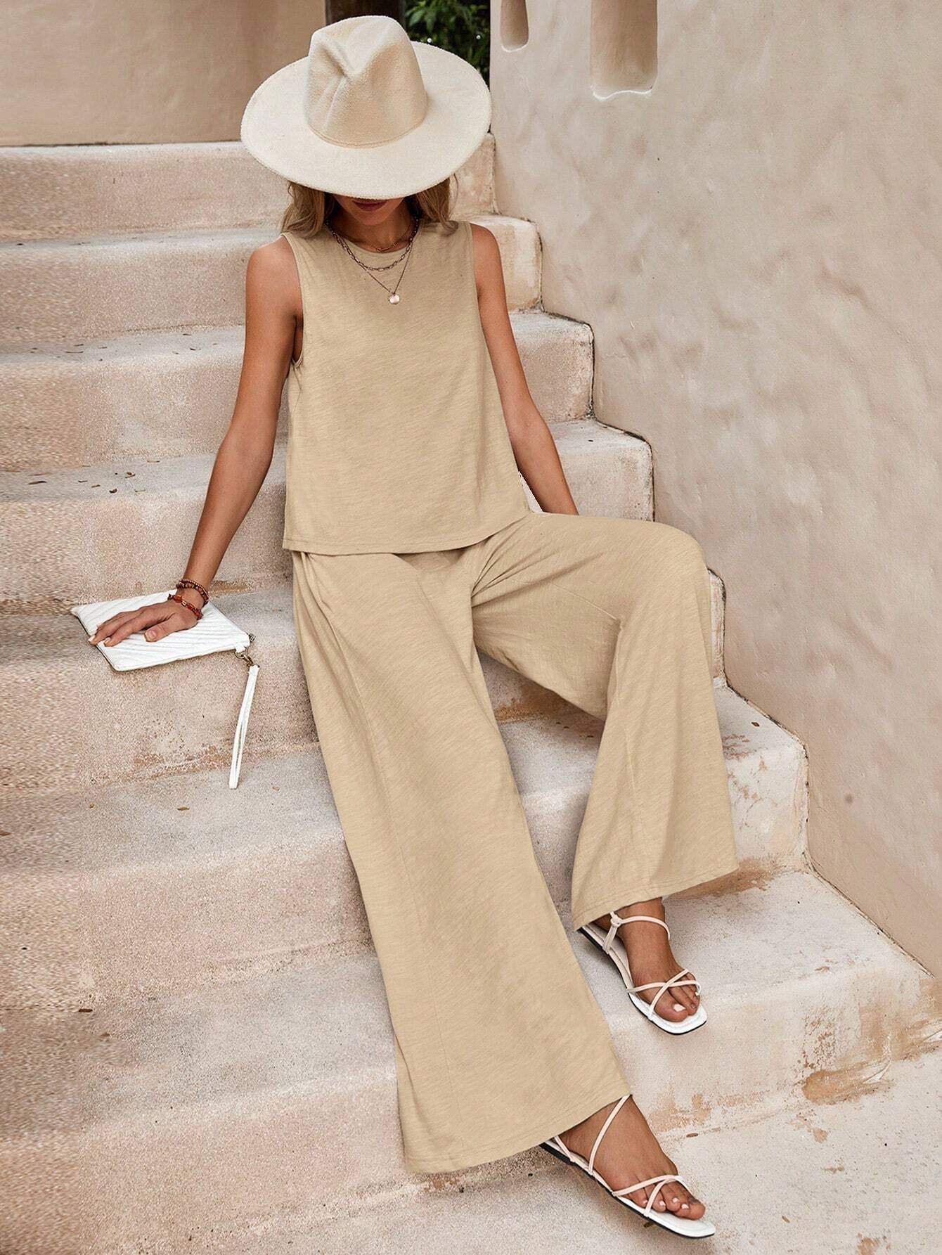 Sleeveless Solid Color Casual Loose Fit Pants Sets For Women Elegant Spring Summer Women's Two Pieces Suit Full Trouser Set Female Outfit Clothes - Clothing Personality