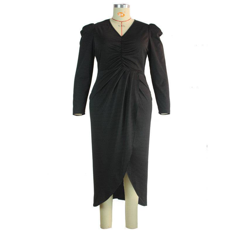 Women's Plus Size Fall V-neck Irregular Long Sleeve Dress - Clothing Personality