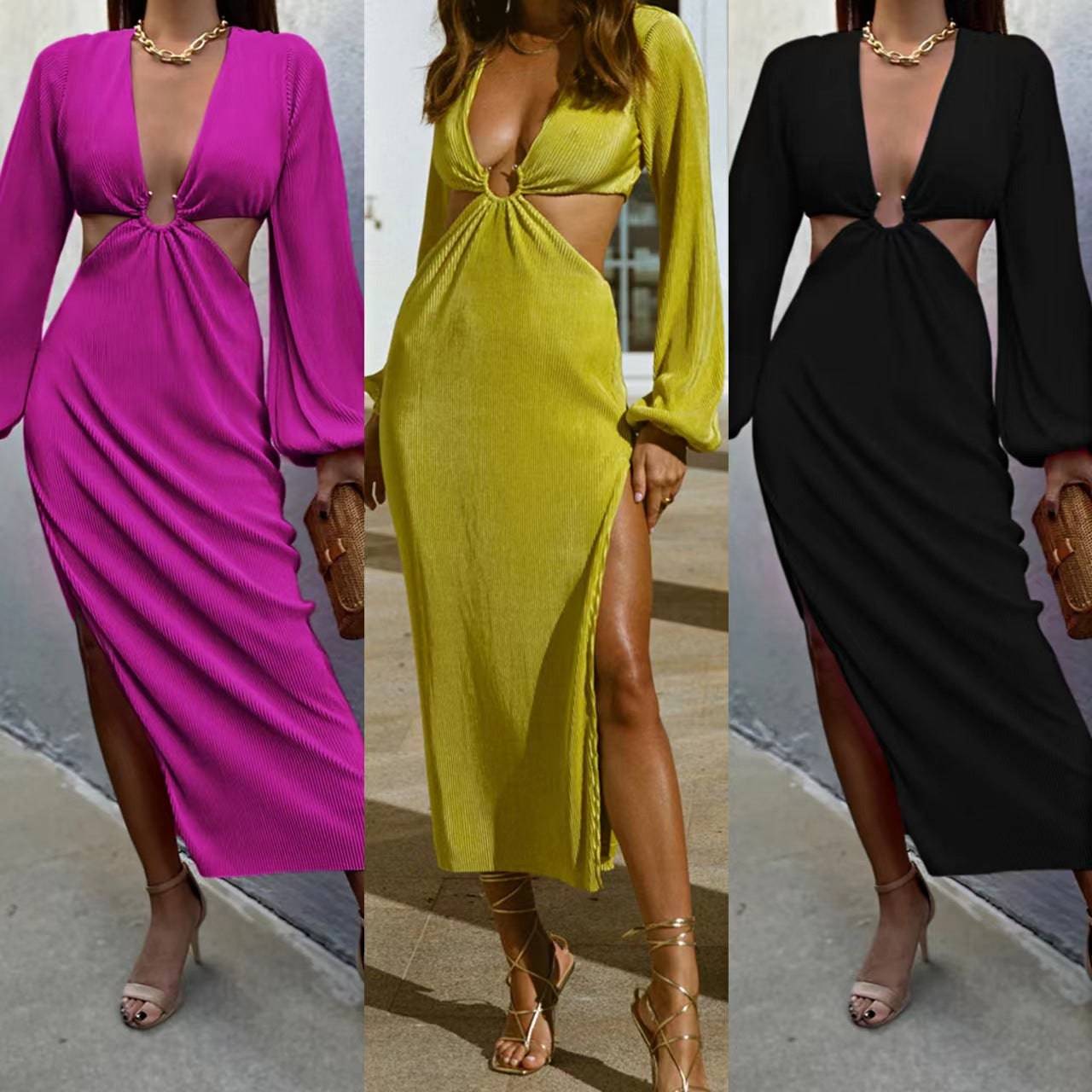 Women's Hollow Out Cut Out Waistless Long Sleeve Dress Fashion Pleated Women's Dresses - Clothing Personality