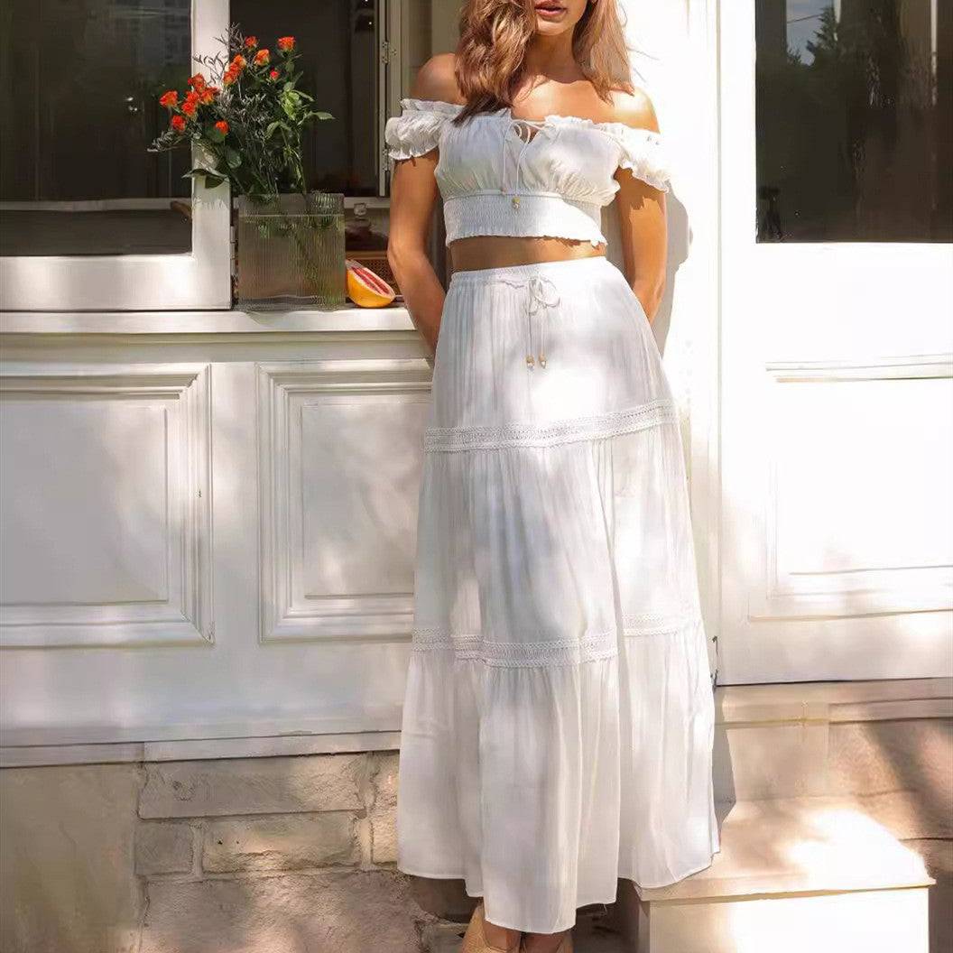 Women's Boho Two-Piece Top and Bottom Cropped Lace-up Top Flowy A-line Tiered Layered Ruffle Hem Pilgrim Skirt Matching Fashion Set Suit