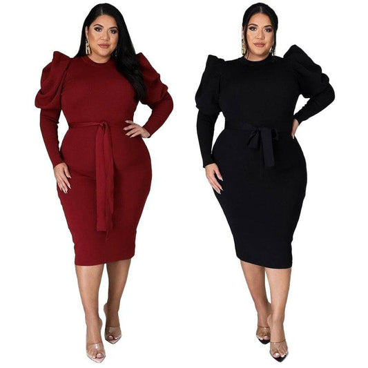 Women's Long Sleeve Belt Slim Fit Plus Size Dress - Clothing Personality