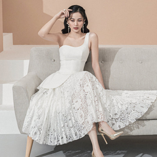 One-shoulder Asymmetric Long Suit Dinner Party White Dress Skirt Women - Clothing Personality
