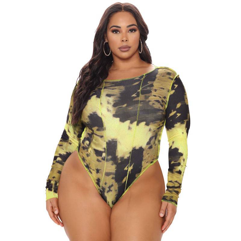Women's Swimwear Round Neck Print Long Sleeves Plus Size Swimsuit - Clothing Personality