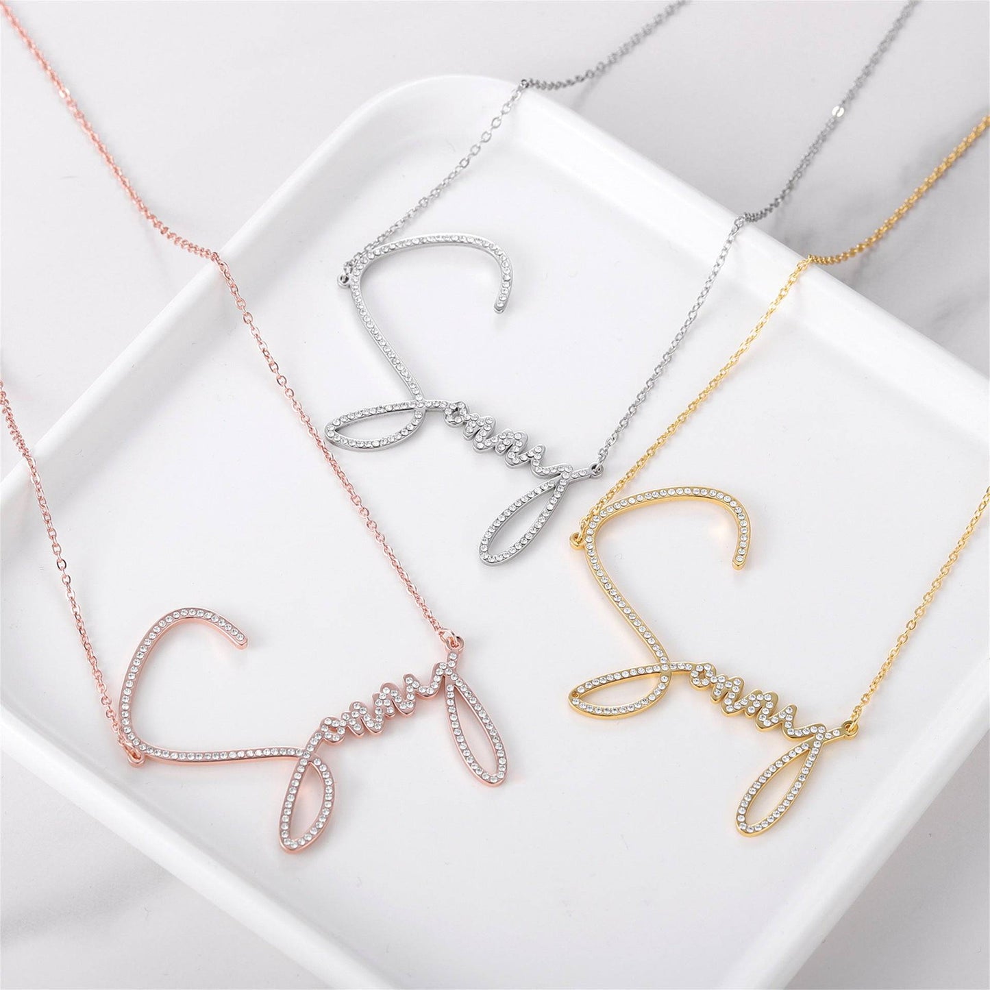Personalized Bling Nameplate Necklace With Handwritten Signature Of Crystal Alphabet - Clothing Personality