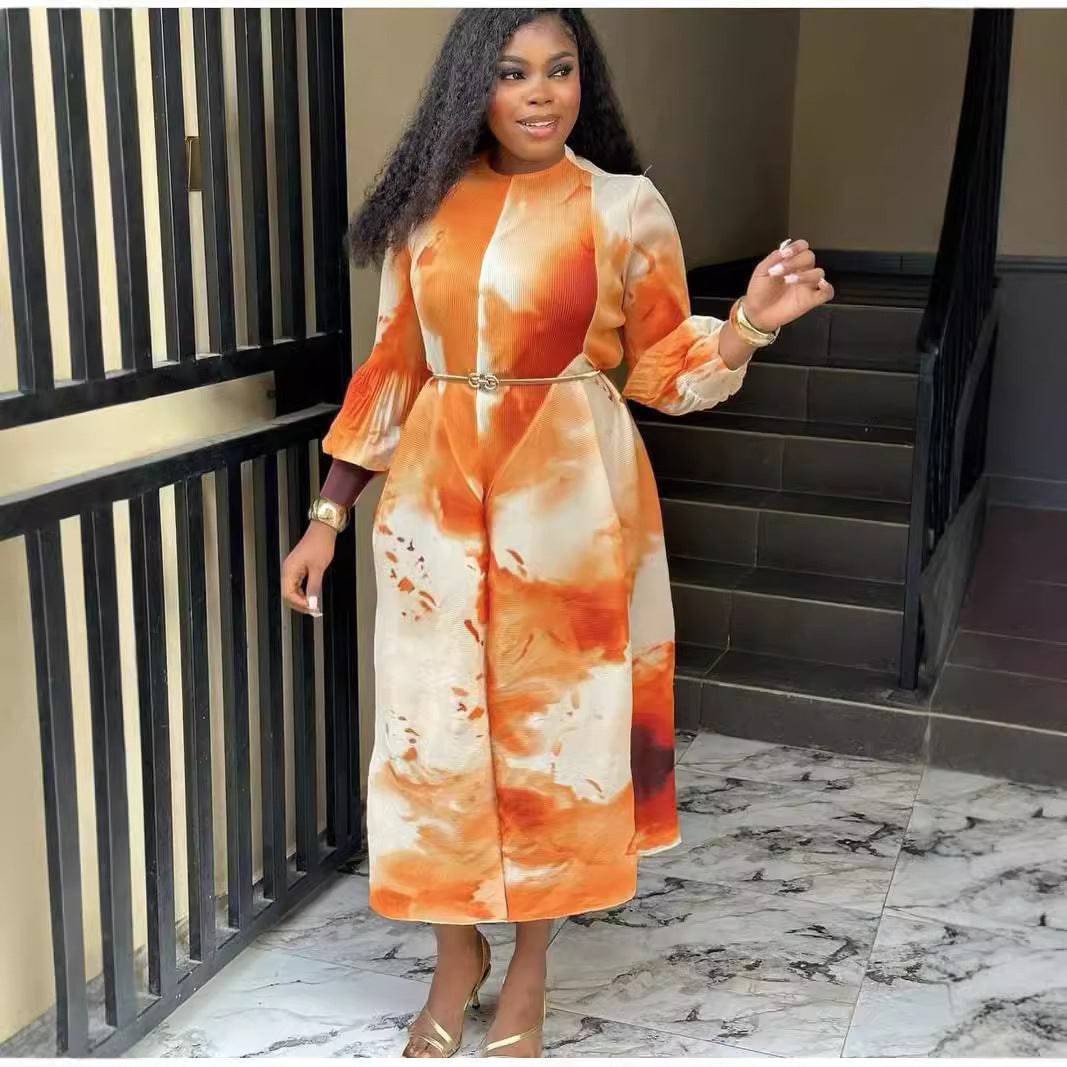Elegant Design Printed Long Sleeve Cinched Plus Size Dress - Clothing Personality