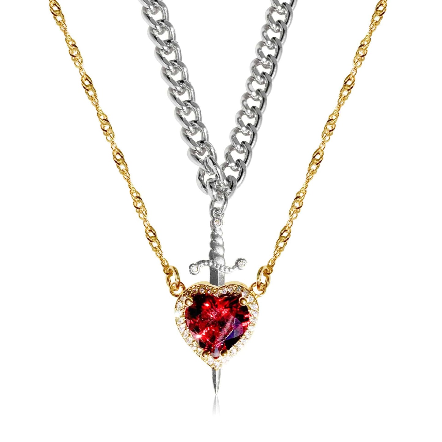 Gothic Punk One Arrow Through The Heart Creative Two Color Couple Necklace Red Rhinestone Heart Dagger Necklace Good Friend Gift Fashion Jewelry - Clothing Personality