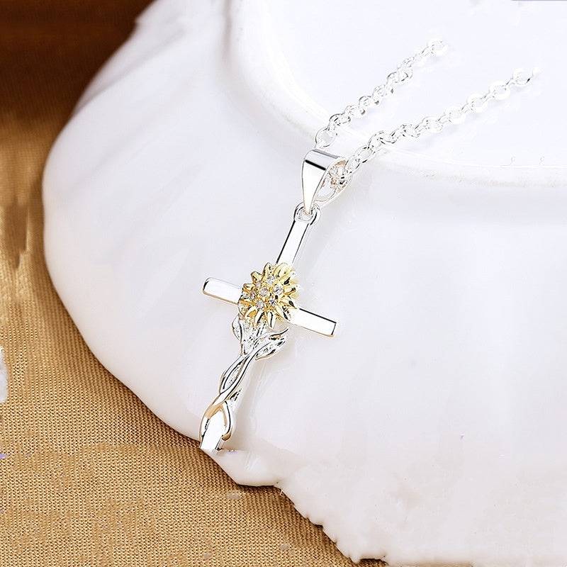 Cross Gold And Silver Two-color Sunflower Flower Hanging Women's Pendant Necklace - Clothing Personality