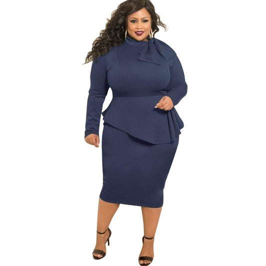 Women's Plus Size Bow Long Sleeve Dress - Clothing Personality