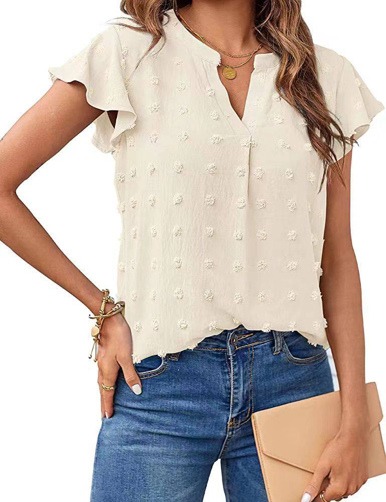 Women's Spring Summer V-Neck Ruffle Short Sleeve Blouse Dot Flowy Shirt Top - Clothing Personality