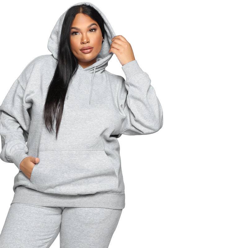 Loose And Casual Solid Color Hooded Long-sleeved Sweater Suit Plus Size - Clothing Personality