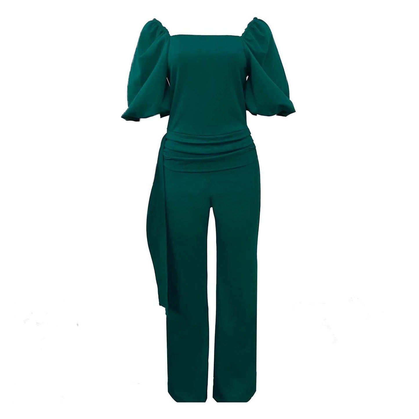 Green Puff Sleeve Jumpsuit for Women - High Rise and Elegant Look
