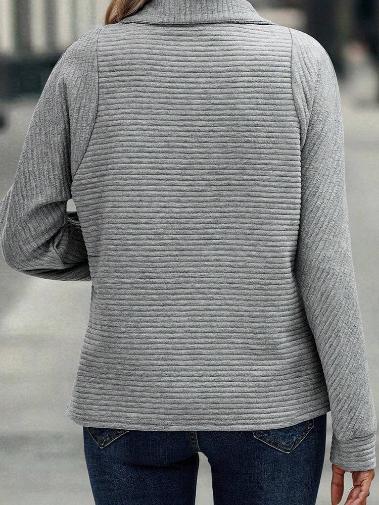 Zipper Stand Collar Pullover Sweatshirt Fashion Solid Striped Long Sleeve Top Spring And Autumn Women's Clothing - Clothing Personality